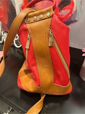 Valentino Red and Tan Leather Shoulder Bag with Gold Hardware